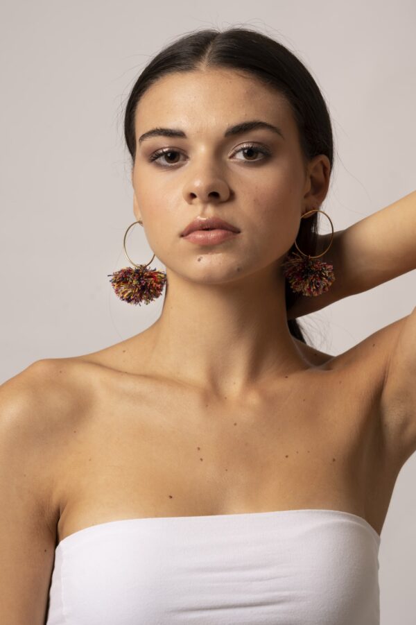 Ring earrings with linen pompon - Image 2