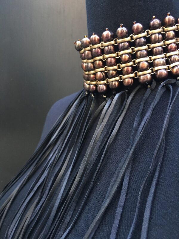 Cashmere and pearls choker w/leather fringes 15 rows - Image 2