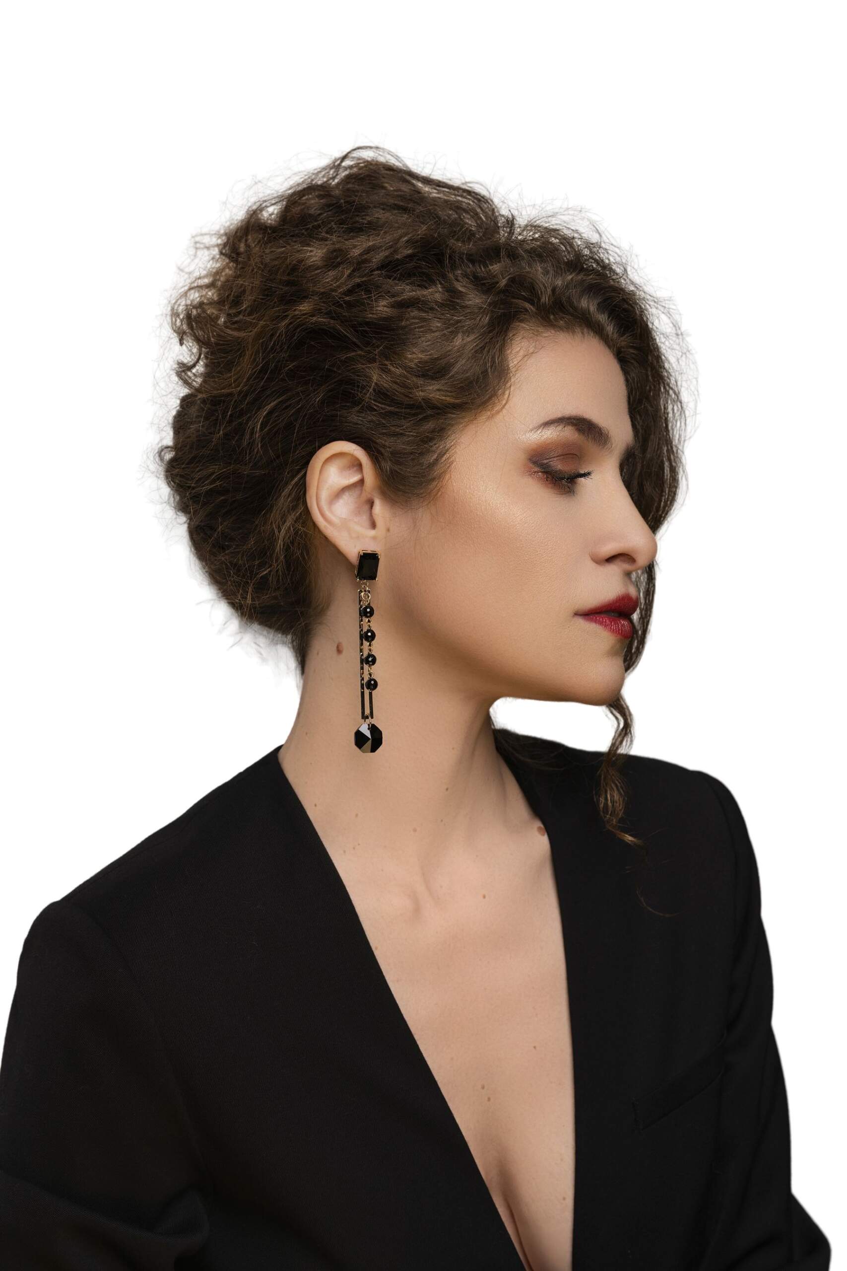 Orecchino perno cristallo con barre in oro Crystals post earrings with gold bars Centopercentocachemire haute couture jewellery